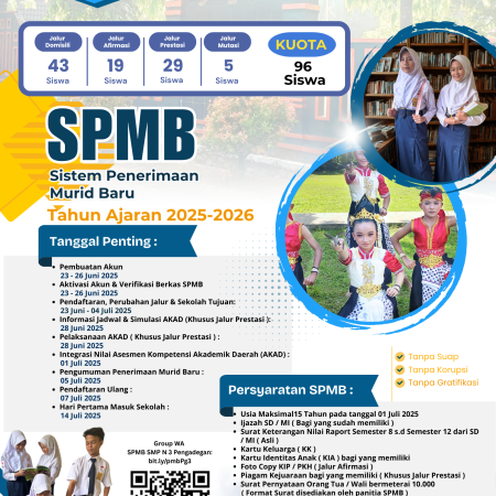 Telah di buka pendaftaran SPMB SMP N 3 Pengadegan Tahun Pelajaran 2025/2026